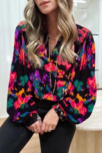 Women's V-neck Ruffle Long Sleeved Loose Blouse Top Floral Print Shirt