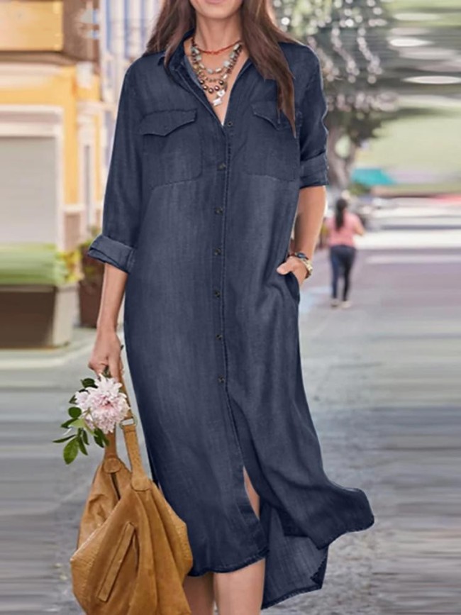 Women's Denim Midi Dress Lapel Long Sleeve Single Breasted Front Pocket Denim Dress