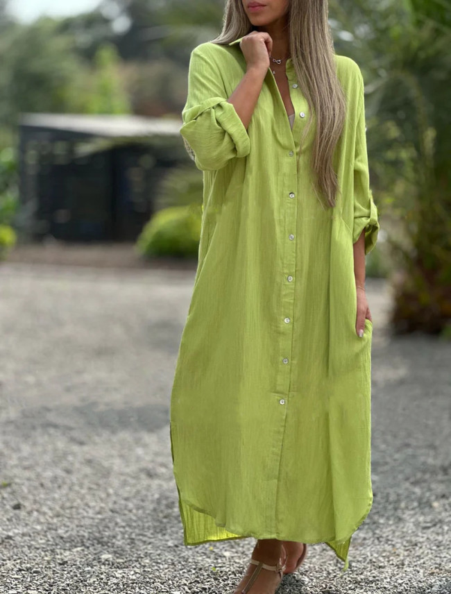 Women's Cotton Linen Shirt Dress Lapel Long Sleeve Single Breasted Solid Maxi Dress