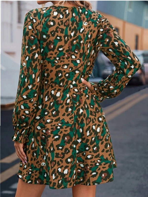 Women's 2024 Leopard Dress V-Neck Long Sleeve Midi Dress