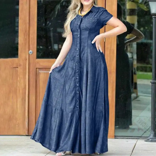 Women's Denim Maxi Dress Lapel Short Sleeve Single Breasted Maxi Dress