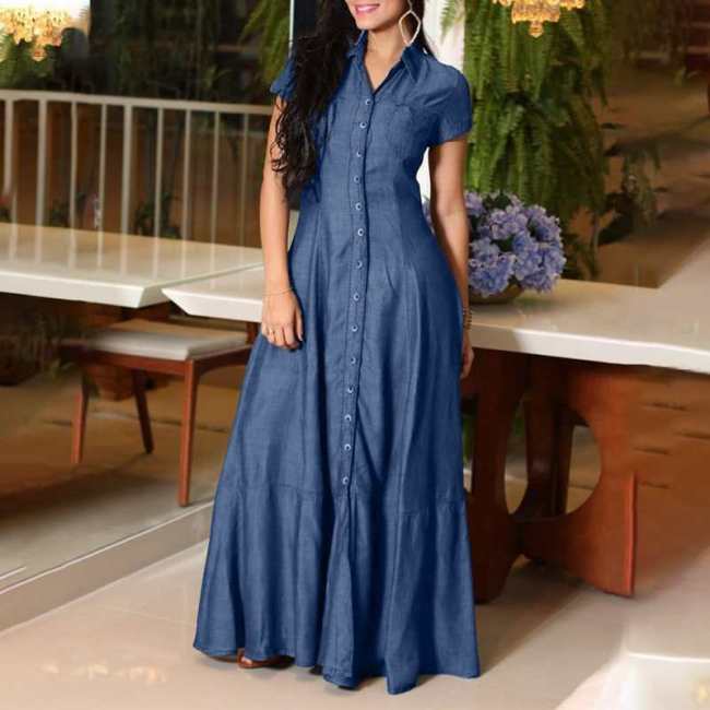 Women's Denim Maxi Dress Lapel Short Sleeve Single Breasted Maxi Dress