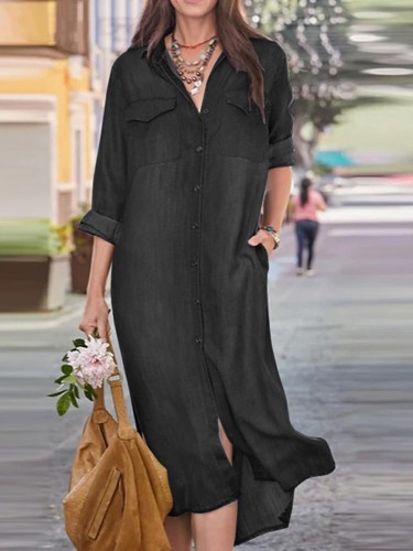Women's Denim Midi Dress Lapel Long Sleeve Single Breasted Front Pocket Denim Dress