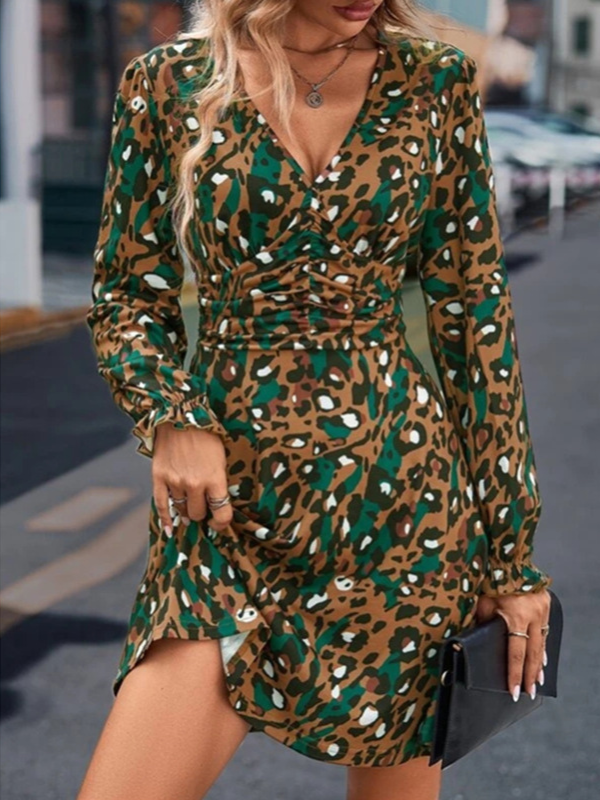 Women's 2024 Leopard Dress V-Neck Long Sleeve Midi Dress