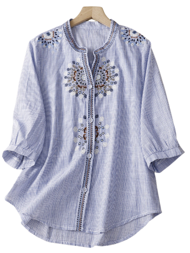 Women's Bohemian Shirt Embroidery Floral Mid Sleeve Shirt Top