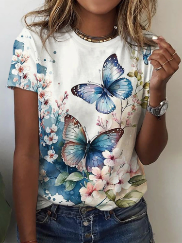 Women's 2024 Spring Summer Crew-Neck Floral Butterfly Print Tee Loose T-Shirt S-5XL