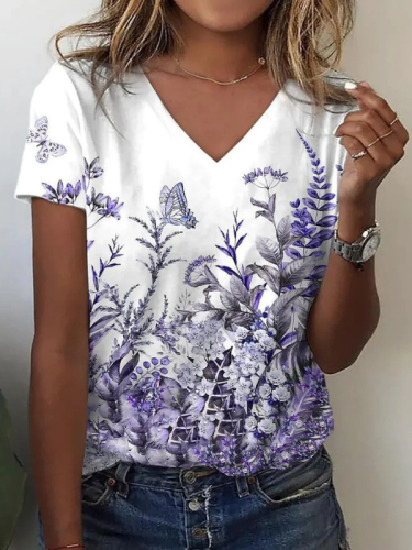 Women's 2024 Spring Summer V-Neck Floral Flower Print Tee Loose T-Shirt S-5XL
