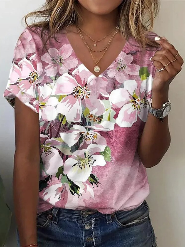 Women's 2024 Spring Summer V-Neck Floral Print Tee Loose Vintage T-Shirt 5XL