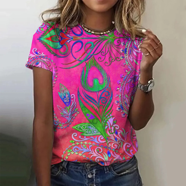 Women's 2024 Spring Summer V-Neck Peacock Feathers Print Tee Loose Vintage T-Shirt 5XL