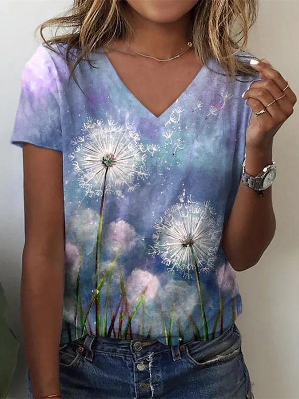 Women's 2024 Spring Summer V-Neck Floral Print Tee Loose Vintage T-Shirt 5XL