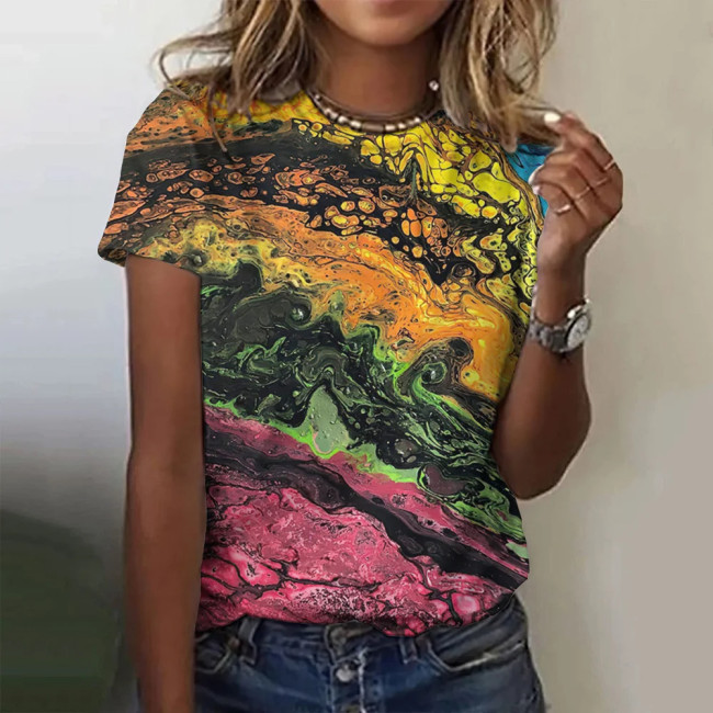 Women's 2024 Spring Summer V-Neck Tie Dye Gradient Print Tee Loose Vintage T-Shirt 5XL