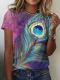 Women's 2024 Spring Summer V-Neck Peacock Feathers Print Tee Loose Vintage T-Shirt 5XL
