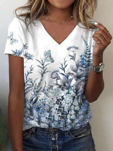 Women's 2024 Spring Summer V-Neck Floral Flower Print Tee Loose T-Shirt S-5XL