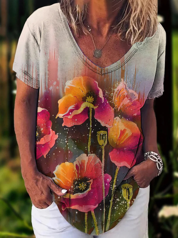 Women's 2024 Spring Summer V-Neck Floral Tee Loose T-Shirt 5XL