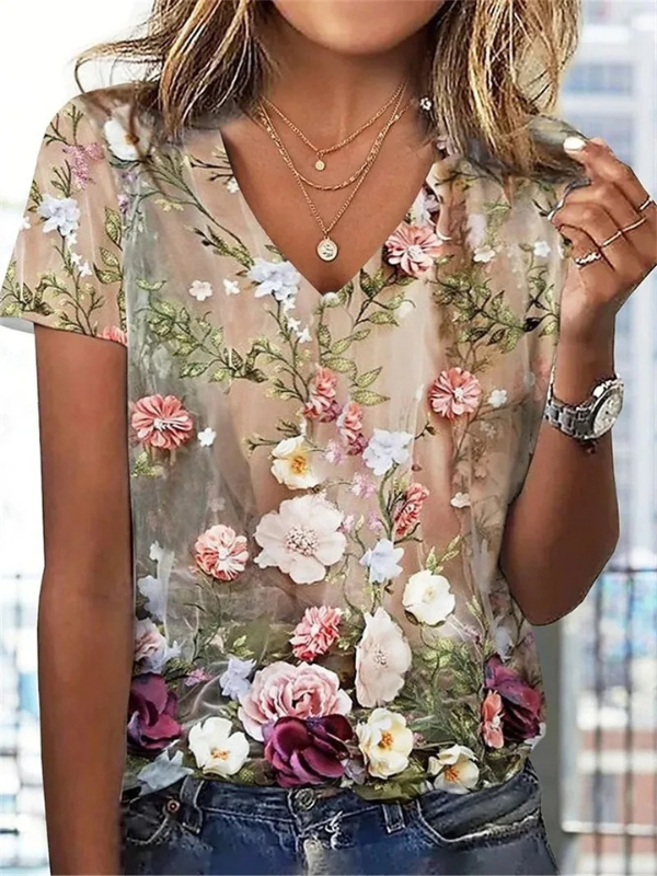 Women's 2024 Spring Summer V-Neck Floral Print Tee Loose T-Shirt 5XL