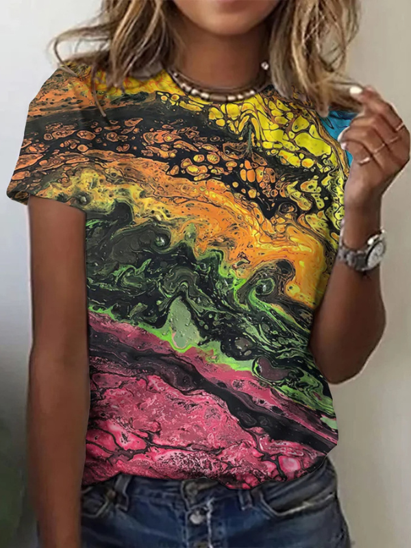 Women's 2024 Spring Summer V-Neck Tie Dye Gradient Print Tee Loose Vintage T-Shirt 5XL