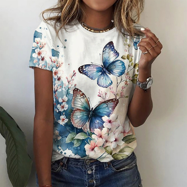 Women's 2024 Spring Summer Crew-Neck Floral Butterfly Print Tee Loose T-Shirt S-5XL
