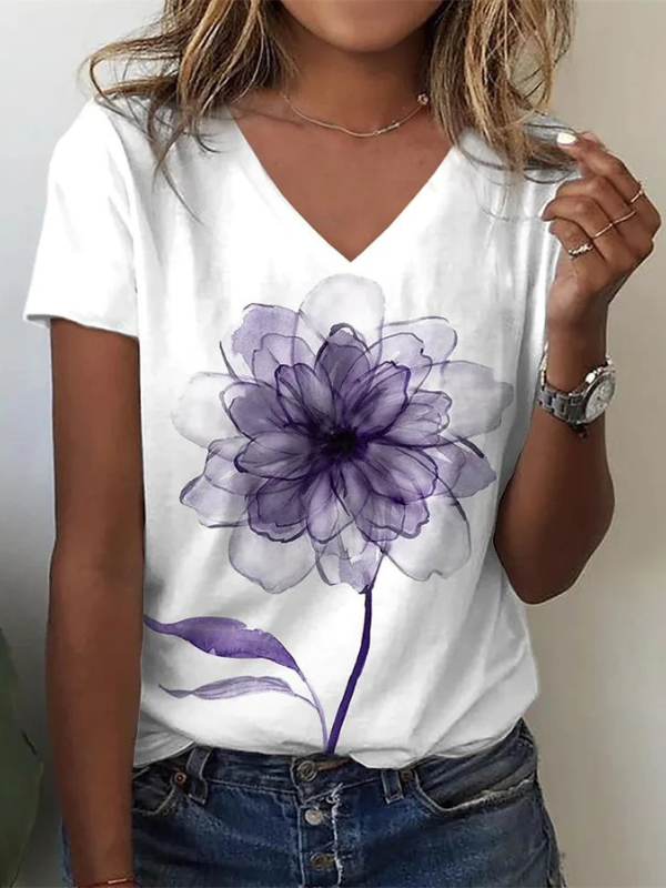 Women's 2024 Spring Summer V-Neck Sun Flower Print Tee Loose T-Shirt S-5XL