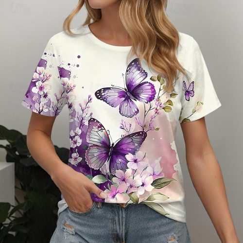 Women's 2024 Spring Summer Crew-Neck Floral Butterfly Print Tee Loose T-Shirt S-5XL