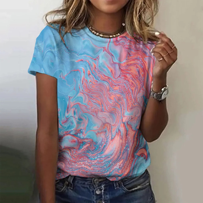 Women's 2024 Spring Summer V-Neck Tie Dye Gradient Print Tee Loose Vintage T-Shirt 5XL