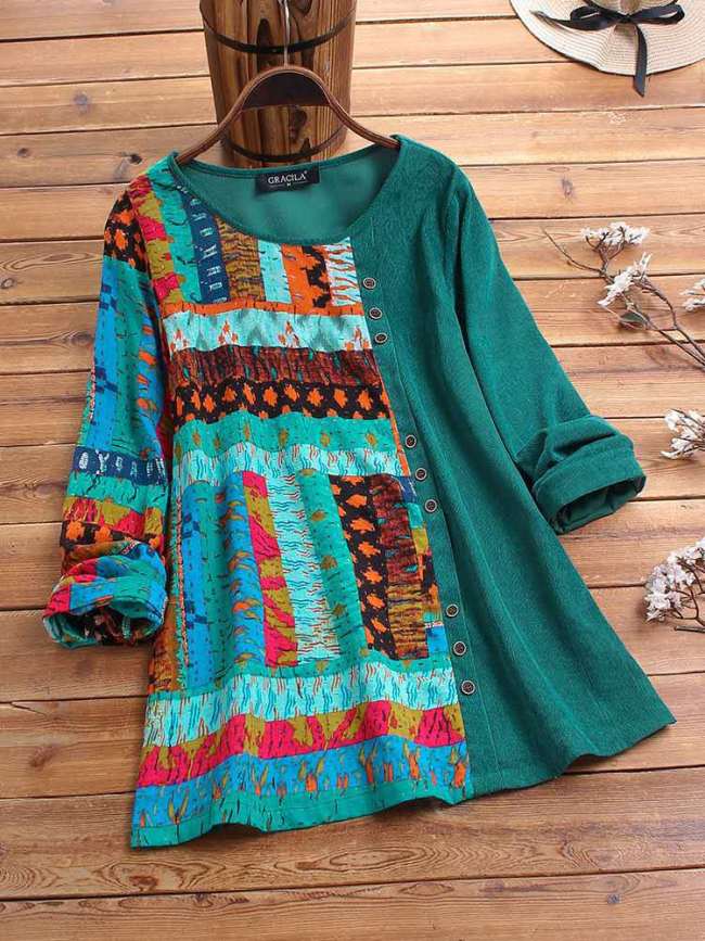 Women's West Ethnic Tribal Casual Top Long Sleeve Color Block T-Shirt