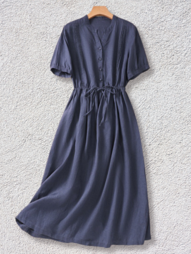 Women's Cotton Linen Dress Casual V-Neck Short Sleeve Summer Midi Dress