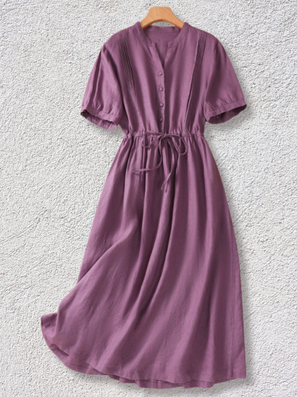Women's Cotton Linen Dress Casual V-Neck Short Sleeve Summer Midi Dress