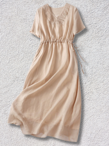Women's Cotton Linen Dress Casual V-Neck Short Sleeve Summer Lace up Midi Dress
