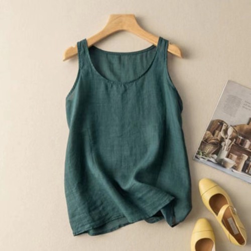 Women's Cotton Linen Tank Top Solid Crew Neck Sleeveless Vest