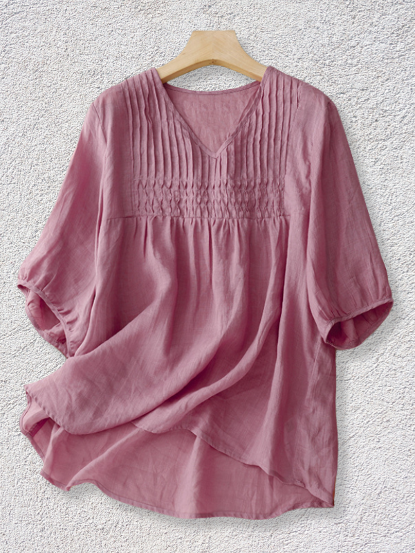 Women's Cotton Linen Shirt V-Neck Pleated Soft Blouse Top