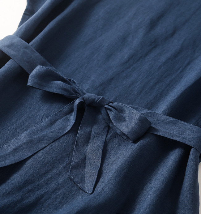 Women's Cotton Linen Vintage Dress Casual Crew-Neck Cap Sleeve Summer Midi Dress