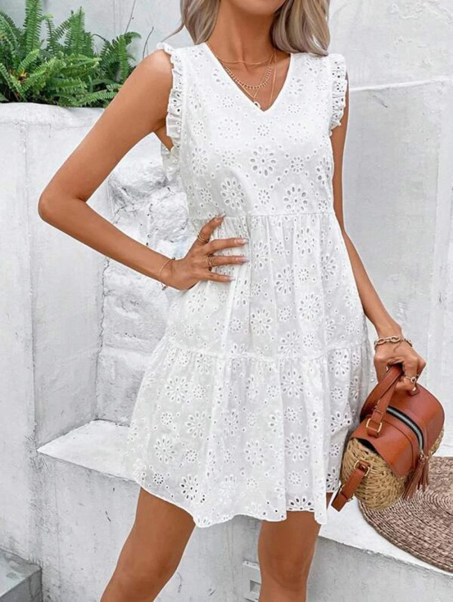 Women's Floral Embroidery Dress V-Neck Sleeveless Summer Beach Dresses