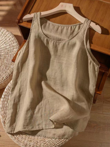 Women's Cotton Linen Tank Top Solid Crew Neck Sleeveless Vest