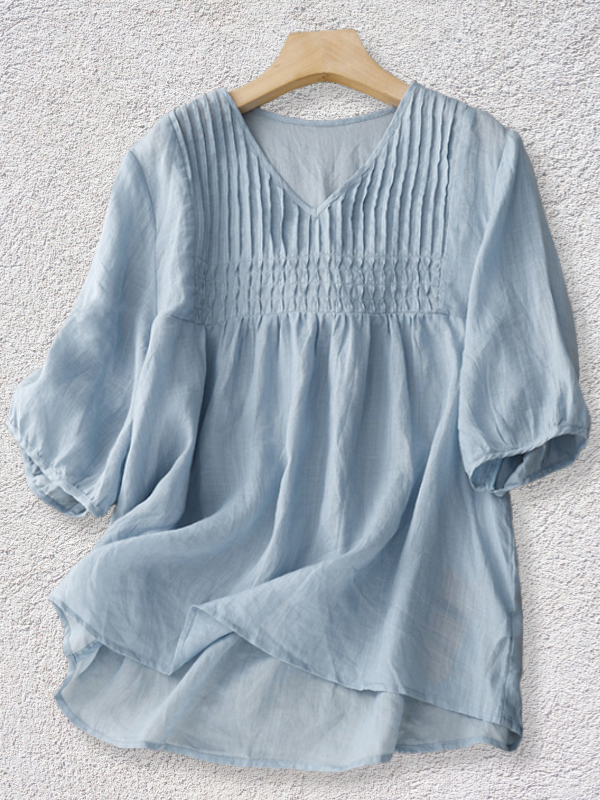 Women's Cotton Linen Shirt V-Neck Pleated Soft Blouse Top