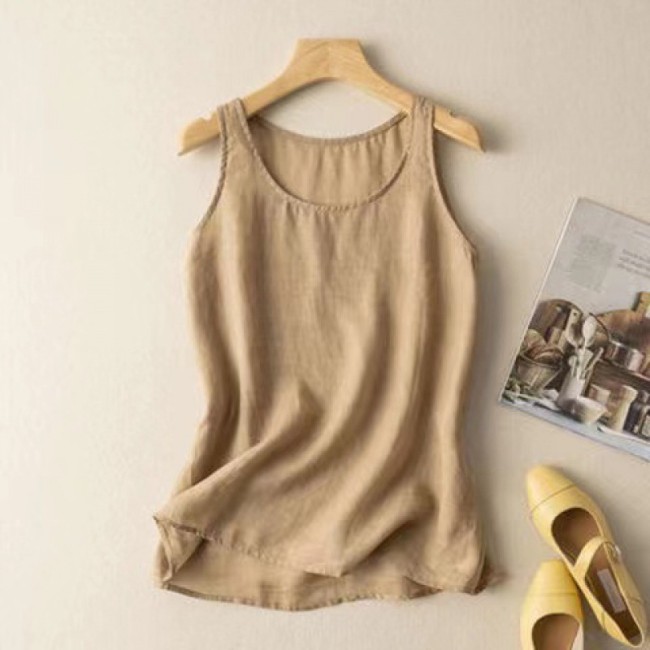 Women's Cotton Linen Tank Top Solid Crew Neck Sleeveless Vest