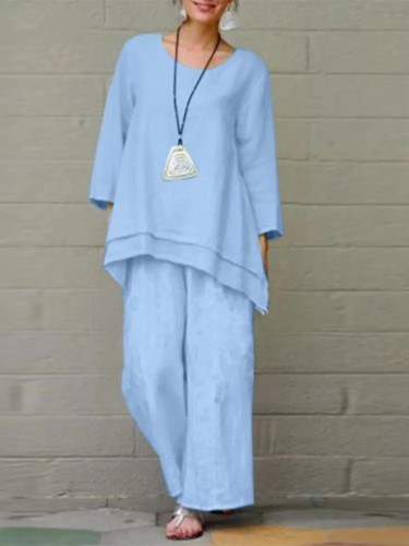 Women's Vintage Cotton Linen 2Piece Set Irregular Solid Top and Wide Leg Pant