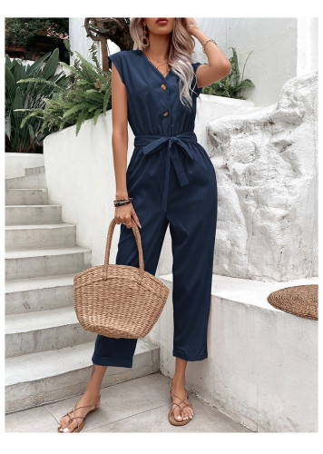 Women's Overall Jumpsuit V-Neck Single Breasted Sleeveless Linen Jumpsuits