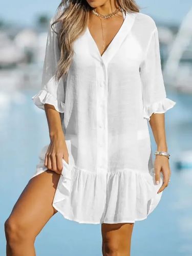 Women's Cotton Linen Dress V-Neck Mid Sleeve Boho Beach Dress