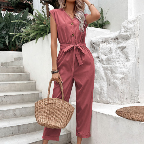 Women's Overall Jumpsuit V-Neck Single Breasted Sleeveless Linen Jumpsuits