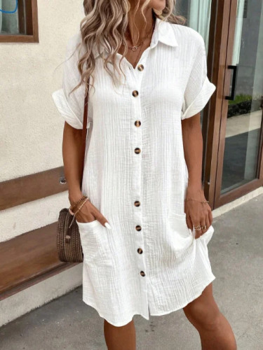 Women's Cotton Linen Shirt Dress Lapel Short Sleeve Single Breasted Dress