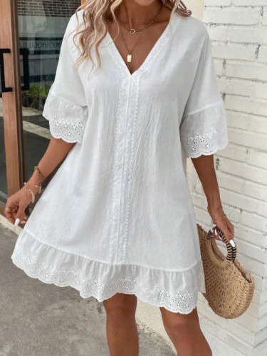Women's Cotton Linen Dress V-Neck Mid Sleeve Boho Dress