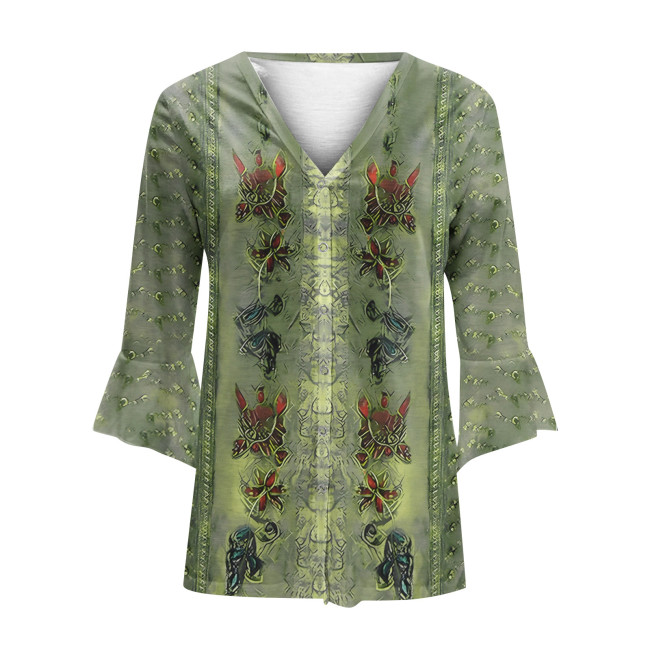 Women's Vintage Floral Print V-Neck Mid Sleeve Pullover T-Shirt