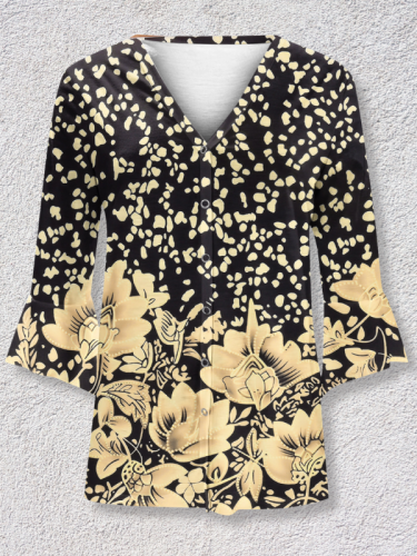 Women's Vintage Floral Print V-Neck Mid Sleeve Pullover T-Shirt
