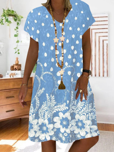 Women's Vintage Floral Print V-Neck Short Sleeve Midi Summer Casual Dress