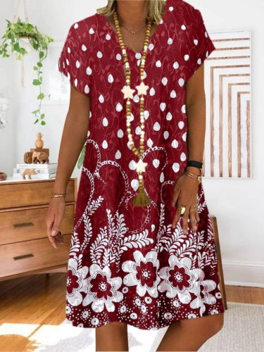 Women's Vintage Floral Print V-Neck Short Sleeve Midi Summer Casual Dress