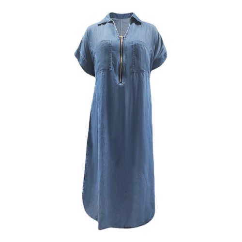 Women's 2024 Vintage Denim Dress V-Neck Half Zipper Short Sleeve Denim Maxi Dress