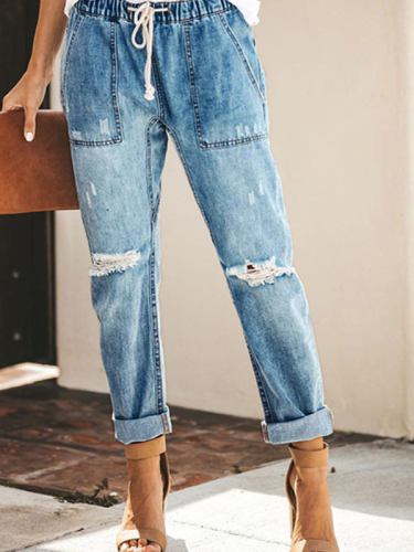 Women's 2024 Vintage Denim Jeans Elastic Waist Ripped Denim Jeans Street Wear