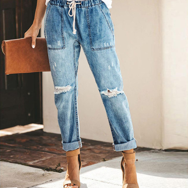 Women's 2024 Vintage Denim Jeans Elastic Waist Ripped Denim Jeans Street Wear