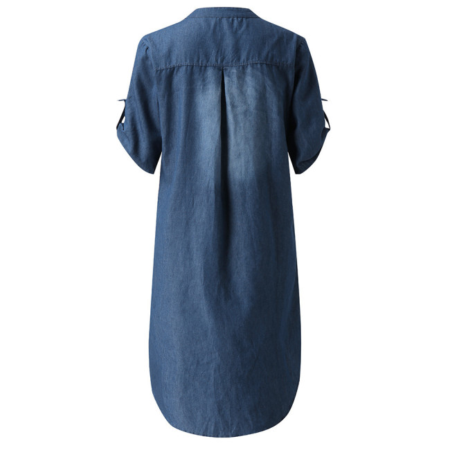 Women's Summer Denim Dress V-Neck Short Sleeve Midi Dress