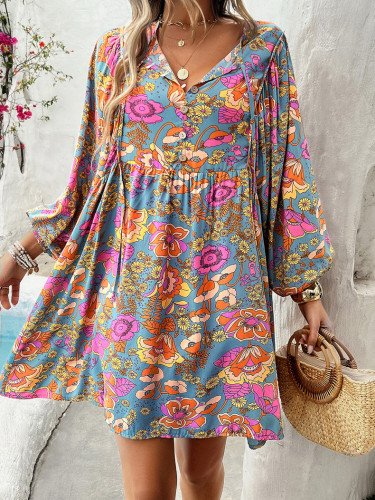 Women's 2024 Summer Bohemian Dress Floral Print V-Neck Long Sleeve Holiday Dress Cotton Dress